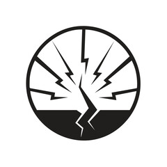 Circular black and white icon showing an earthquake crack with seismic energy