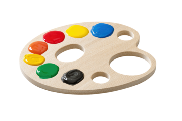 A small, light-colored wooden artist's palette, slightly oval-shaped, with wells filled with various vibrant colors