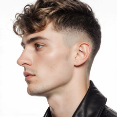 Fototapeta premium Portrait of a well-groomed man with a stylish hairstyle: A close-up side view of a well-groomed man with stylish modern curly hairstyle, showing youthful looks, confidence.