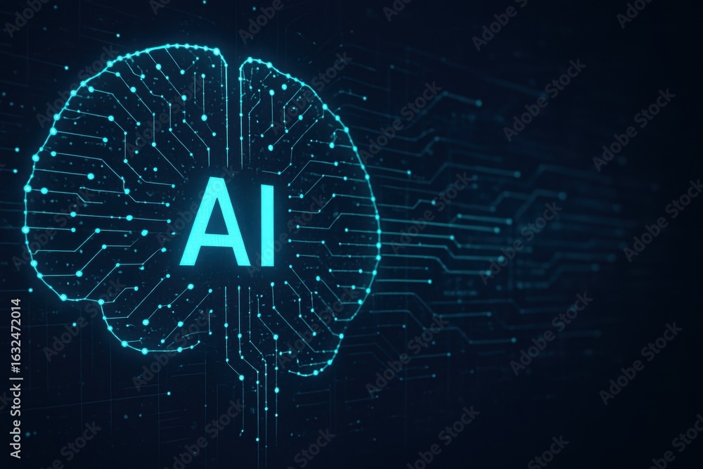 Poster ai brain: a futuristic depiction of an artificial intelligence brain, visualized with glowing circui