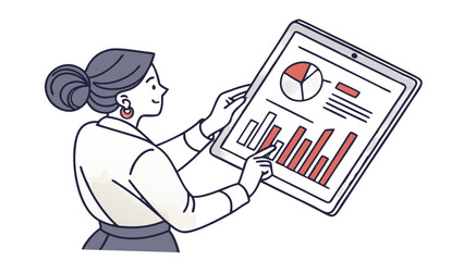 Woman analyzing data on a tablet with charts and graphs for business presentation and analysis review