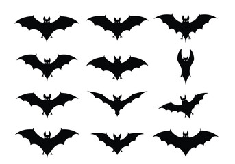 Collection of bat silhouettes isolated on white background for halloween decorations and spooky designs, perfect for adding a touch of eerie charm to your project