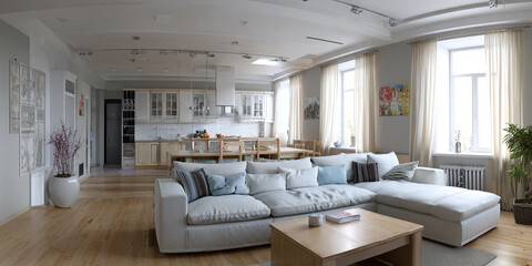 Modern living room with open plan kitchen and sectional sofa image