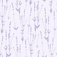 Cute floral seamless pattern with silhouettes of lavender wild herbs flowers. Lavandula flower vector illustration background. Print in rustic vintage style, textile or wallpapers.