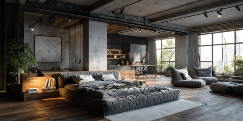Modern loft bedroom with concrete walls and wooden accents image
