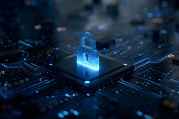 Secure your data with this technology concept of glowing padlock on a chip, symbolizing cybersecurity and digital protection in the modern age