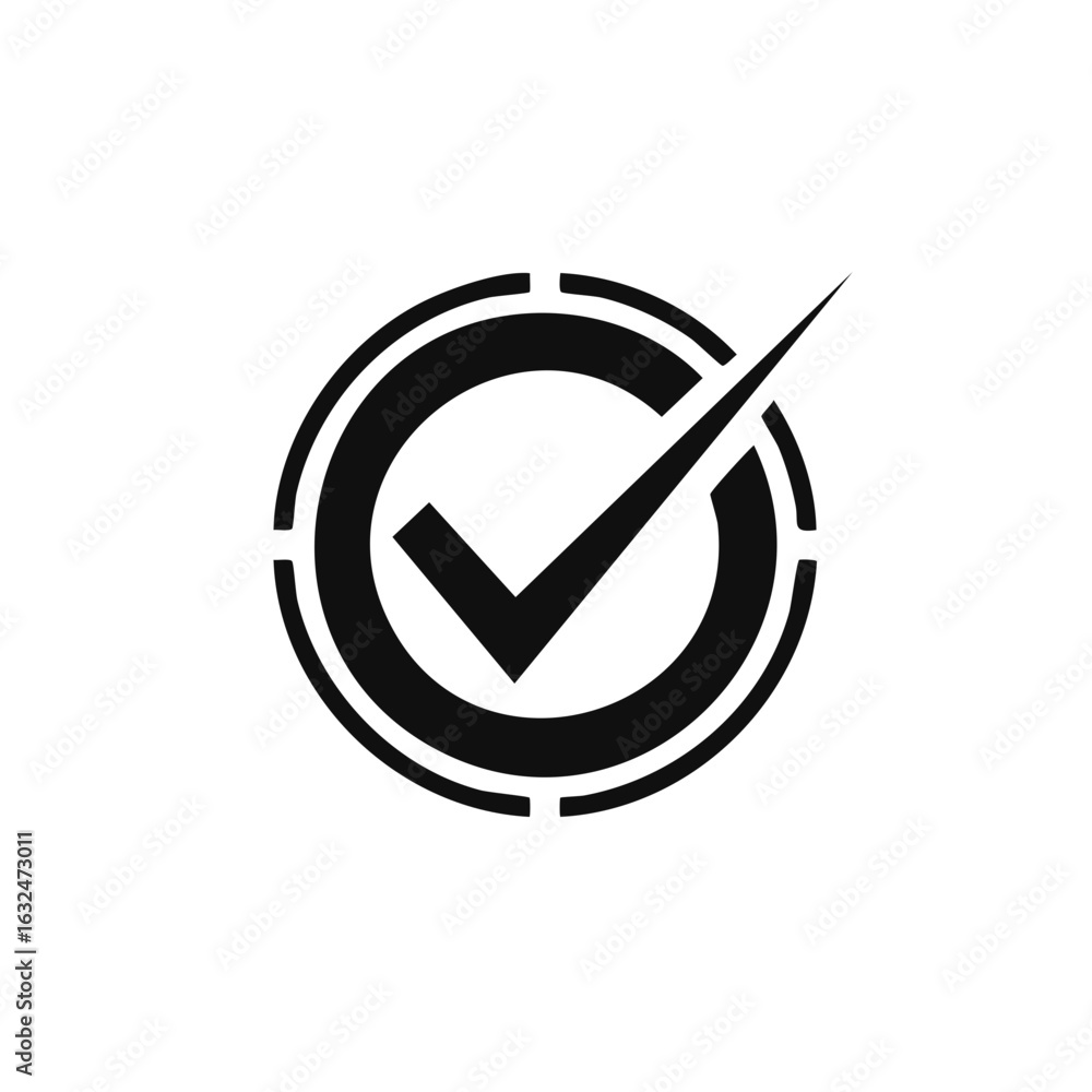 Poster bold black check mark icon inside a modern segmented circle, symbolizing validation, success, and co