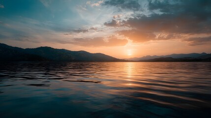 Obraz premium Peaceful sunset over a serene mountain lake