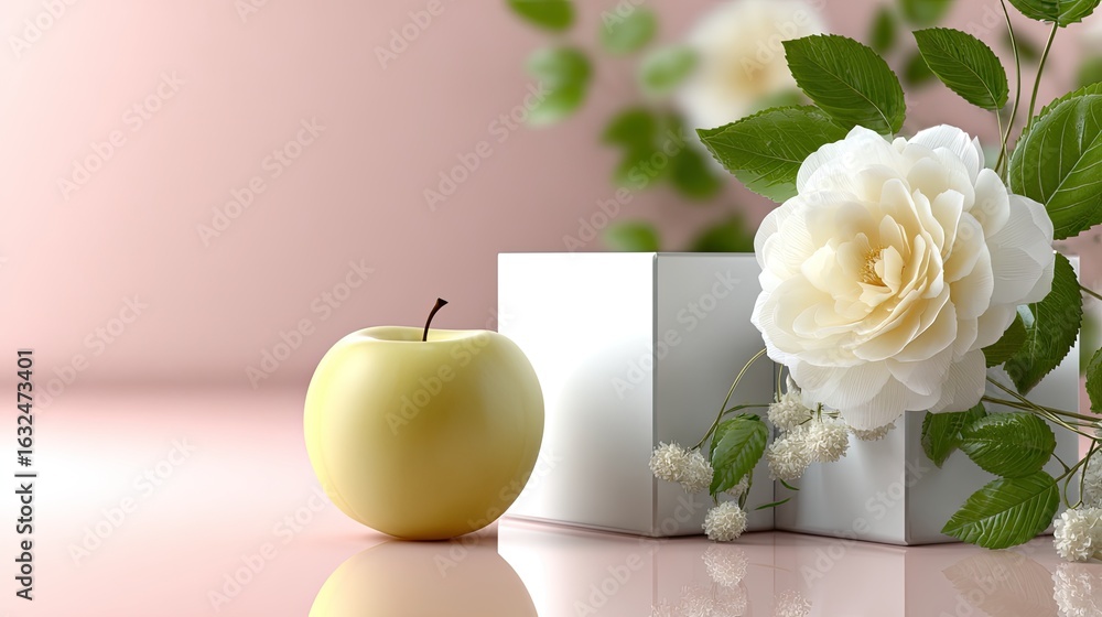 Poster two white cube-shaped boxes filled with colorful flowers and fruits create a serene minimalist compo
