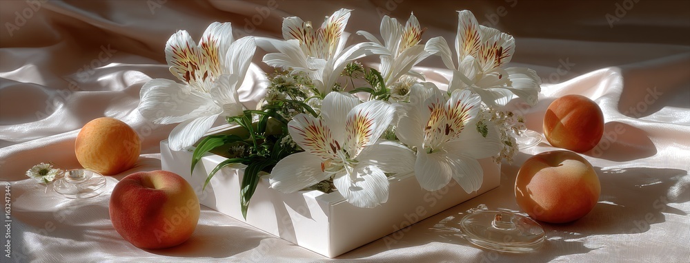 Poster two white cube-shaped boxes filled with colorful flowers and fruits create a serene minimalist compo