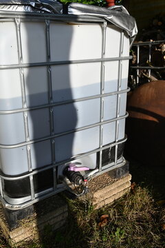 Gro&szlig;er IBC-Container zur Regenwassersammlung im Garten, montiert auf Steinen mit Auslaufhahn und Eimer &ndash; nachhaltige Wassernutzung f&uuml;r Gartenbew&auml;sserung.