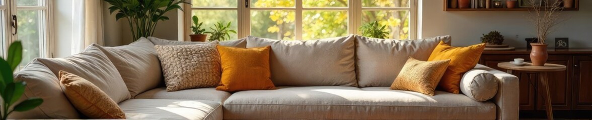 Cozy living room with comfy sofa, throw pillows, and a warm, inviting atmosphere Perfect for relaxation and family time Natural light streams through the window , pillows, simple, coffee table
