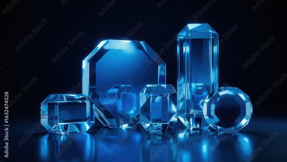 Poster collection of translucent blue geometric objects gleam against a dark backdrop creating a minimalist