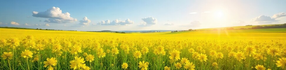 Fototapeta premium Golden fields of vibrant rapeseed flowers blooming under the bright spring sun, a breathtaking landscape of yellow blossoms stretching to the horizon , agricultural field, rural, golden