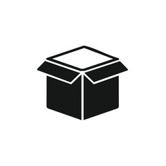 Minimalist open box icon. Simple black shipping carton symbol for package, delivery, and logistics.