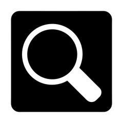 A magnifying glass icon in white on a black rounded square background