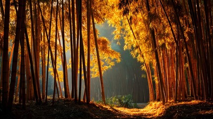 Autumn forest path with sunlight filtering through golden leaves