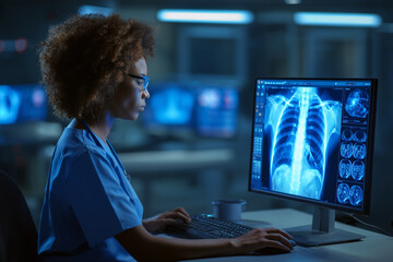 A woman is sitting at a computer with a monitor displaying a chest x-ray