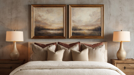 Pair of matching square frames above bed headboard, earthy tones