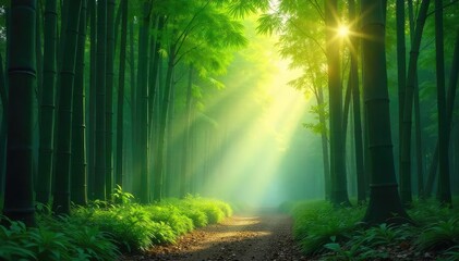 Obraz premium Serene bamboo forest bathed in the soft light of dawn, mist clinging to the lush green foliage A tranquil scene evoking peace and natural beauty , organic, quiet