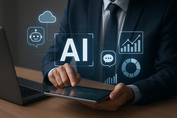 Businessman Using AI Analytics and Chatbot Technology on Tablet