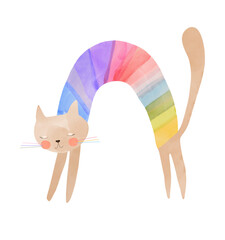 Rainbow Arch Kitty. Cute Children’s Vector Illustration Of A Rainbow-colored Cat With An Arched Back, Set Against A White Background. Funny Print For Cat Lovers. Nursery Art Perfect For Kids’ Decor.