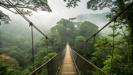 Obraz premium Pedestrian suspension bridge suspended over tropical forest valley 