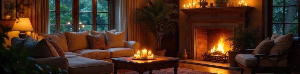 Fototapeta premium Warm, inviting living room bathed in the soft glow of candlelight Cozy atmosphere, perfect for relaxation and tranquility Elegant home d?cor details visible , cozy, warm