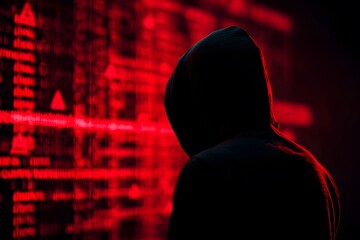Anonymous hacker looking at glowing red code, perfect for cybersecurity concepts or digital privacy concerns in modern tech industries today