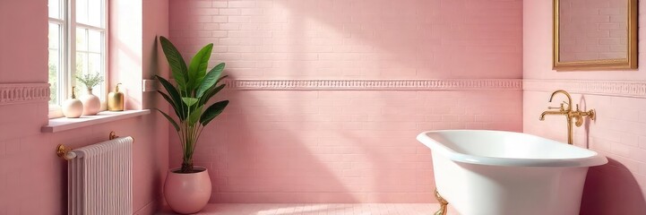 A chic, millennial pink bathroom features a clawfoot tub, subway tile, and gold fixtures Perfect for a blog post about bathroom design or home decor Relaxing, serene atmosphere , gold, chic bathroom
