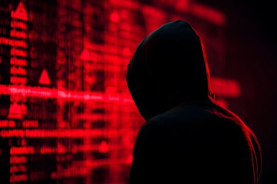 Anonymous hacker looking at glowing red code, perfect for cybersecurity concepts or digital privacy concerns in modern tech industries today