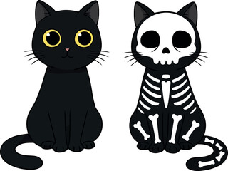 Cute halloween black cat skeleton cat duo