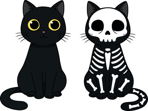 Cute halloween black cat skeleton cat duo