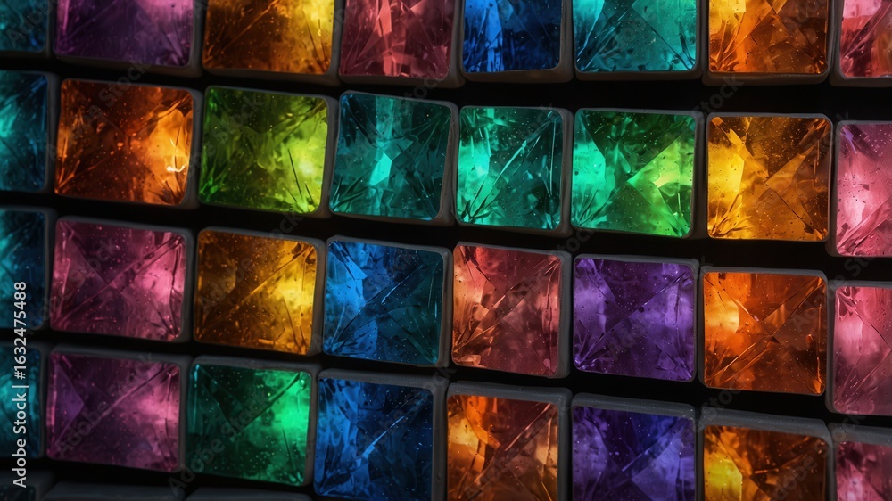 Poster an array of colorful square crystals are displayed in a grid pattern, showcasing vibrant, reflective