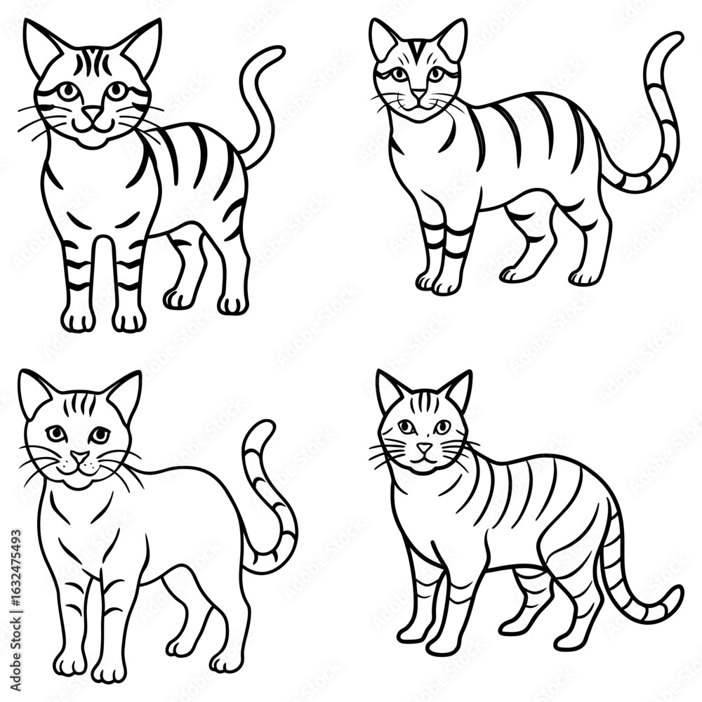 Poster four outlined cats with various stripe patterns standing in different poses on a white background dr