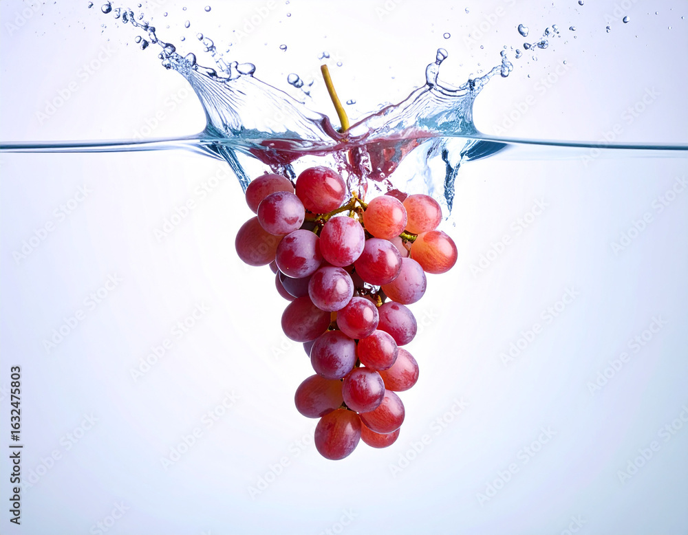 Poster fresh red grapes splash into clear water creating a refreshing cascade