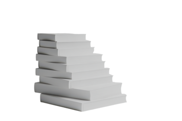 Stack of blank white books isolated on transparent background. White books stacked like stairs symbolizing knowledge progression and the journey of learning isolated on white background.