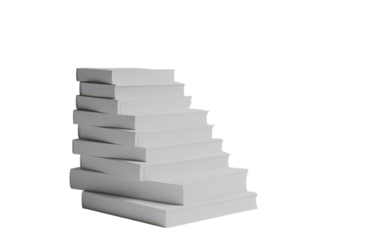 Stack of blank white books isolated on transparent background. White books stacked like stairs symbolizing knowledge progression and the journey of learning isolated on white background.