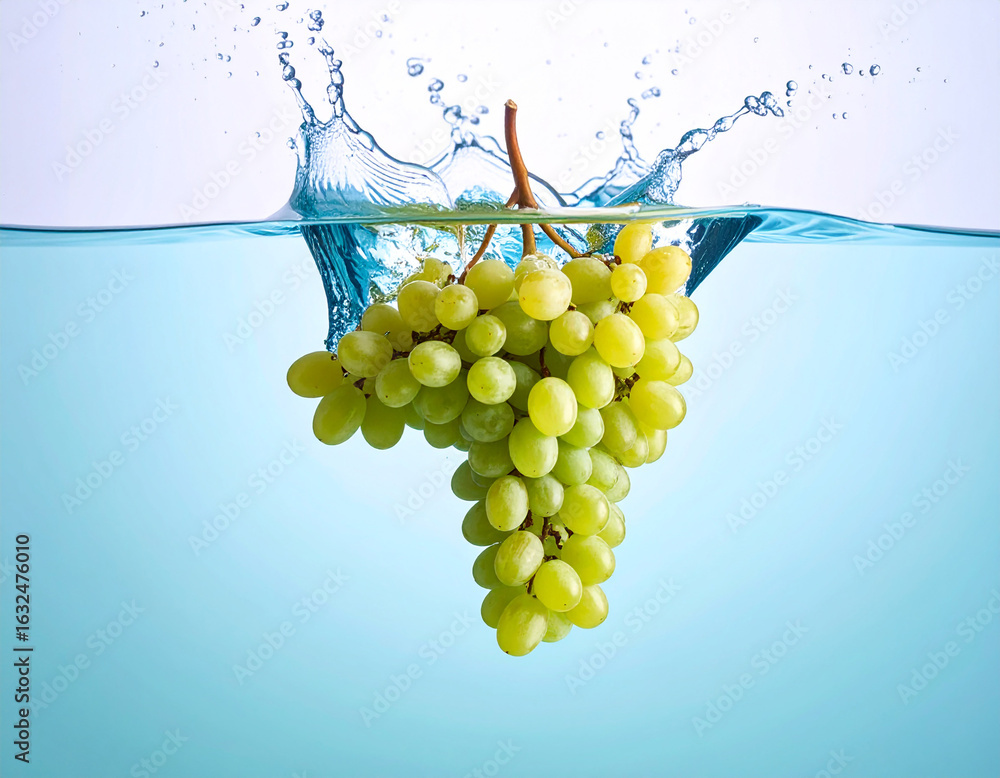 Poster fresh green grapes splash into refreshing blue water creating dynamic splash