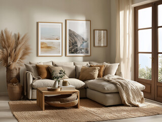 Fototapeta premium Three overlapping frames in boho living room setup, jute rug, pampas grass