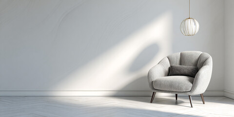 Textured armchair with pendant light and sunlit wall grey cushion
