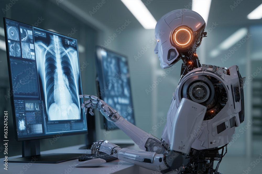 Poster a robot is sitting in front of a computer monitor with a skeleton on the screen