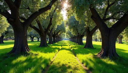 Naklejka premium Sun-dappled forest floor in Greece, ancient olive trees casting shadows, sunlight filtering through leaves, lush greenery, tranquil scene , lush, texture, summer