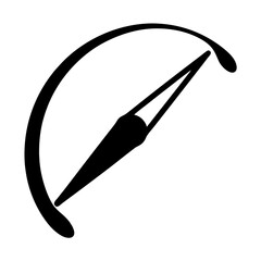 Stylized representation of a speedometer with a bold black pointer design