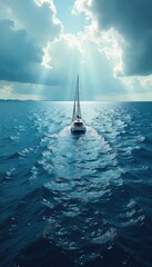 A lone sailboat cuts through the vast, open ocean under a dramatic sky The deep blue water stretches to the horizon, emphasizing the boat's isolation and the power of nature , masted, sea, waves