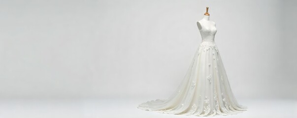 Elegant white wedding dress, cascading lace, delicate embroidery, pristine fabric, hanging on a white mannequin against a clean white backdrop , luxury, refined, wedding attire