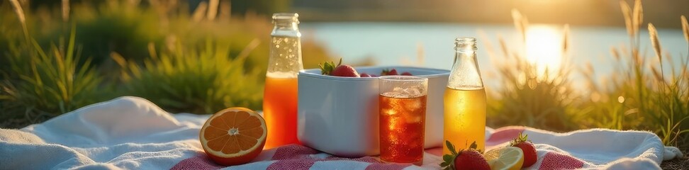 Sleek, modern electric cooler effortlessly chilling drinks on a summer picnic Perfect for outdoor adventures and sustainable living Enjoy refreshing beverages anywhere , chilling, party, cold