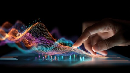 Hands typing on a touchscreen device that visualizes an AIdriven procurement engine featuring flowing data streams that represent supplier feedback and inventory levels in vibrant colors.