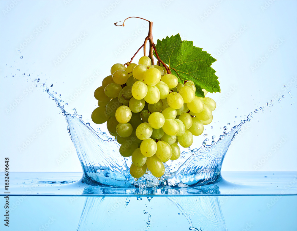 Poster fresh green grapes dropping into water creating splashes and ripples