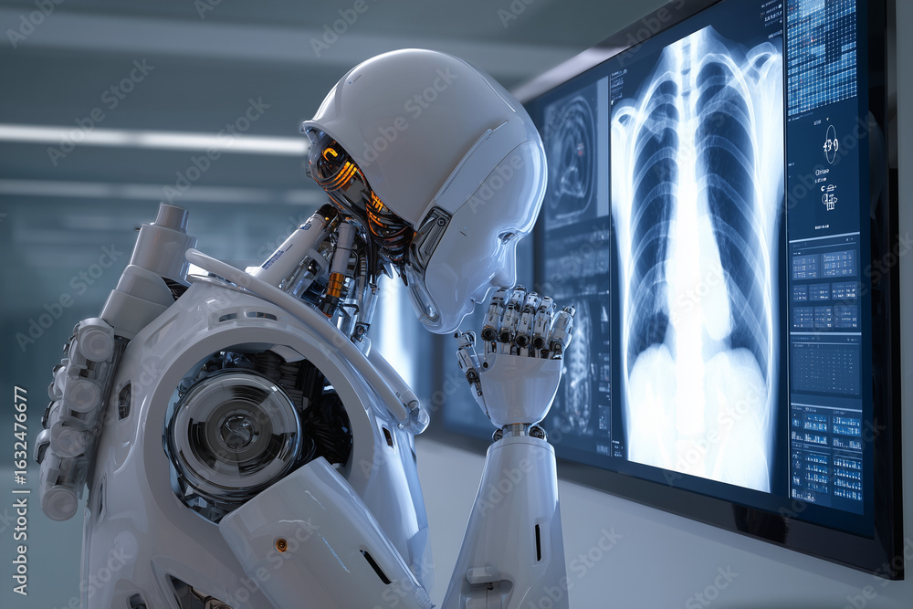Aufkleber a robot is looking at a computer monitor with a picture of a human body on it